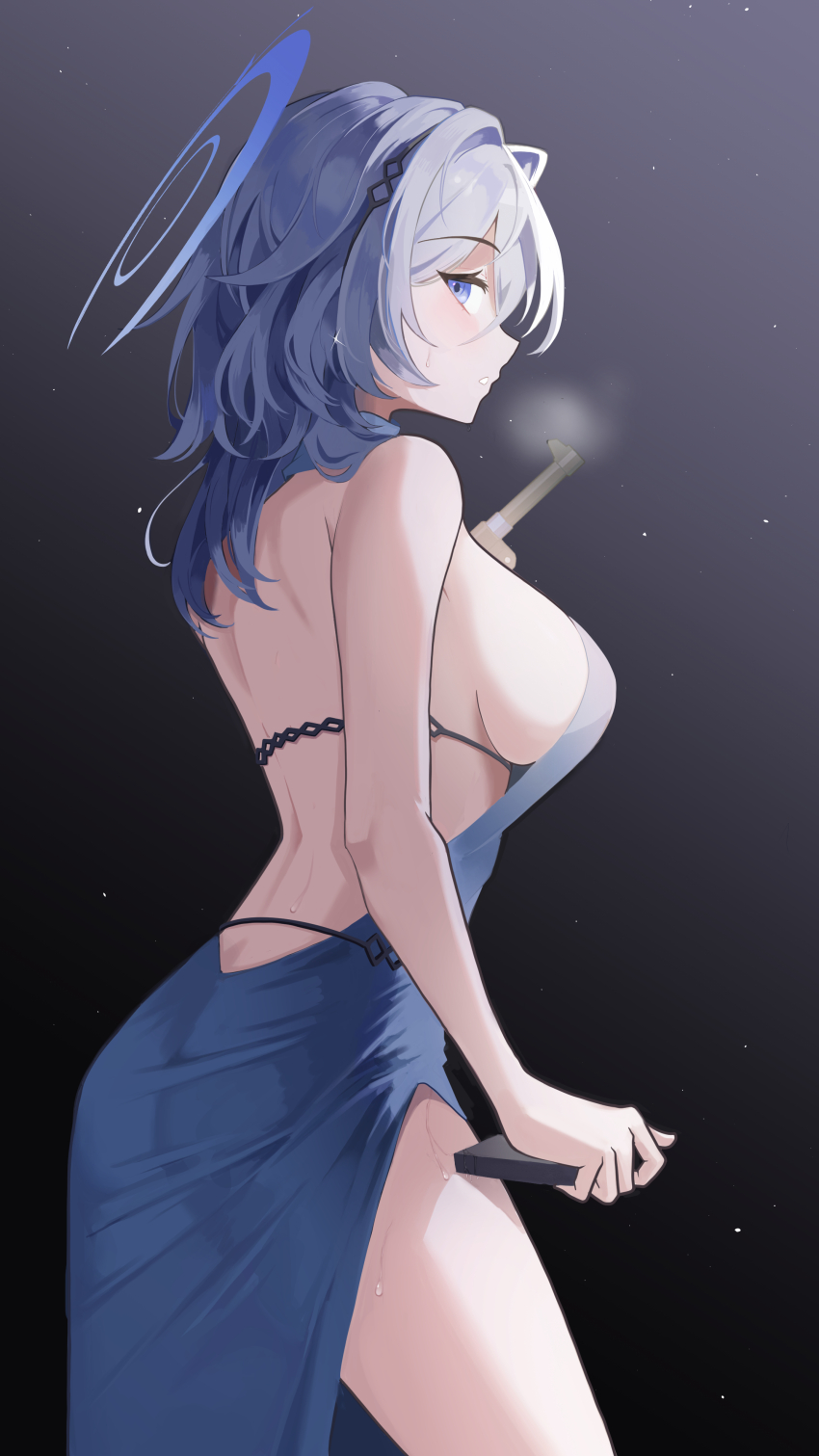 1girl absurdres ako_(blue_archive) ako_(dress)_(blue_archive) ass backless_dress backless_outfit bare_arms bare_back bare_shoulders blue_archive blue_dress blue_eyes blue_hair breasts cocktail_dress commission cowboy_shot dress from_behind from_side gun hairband halo handgun hanzdayo highres holding holding_gun holding_weapon large_breasts long_hair looking_at_viewer luger_p08 no_bra official_alternate_costume parted_lips profile side_slit sideboob sleeveless sleeveless_dress solo standing sweat thighs weapon white_hair