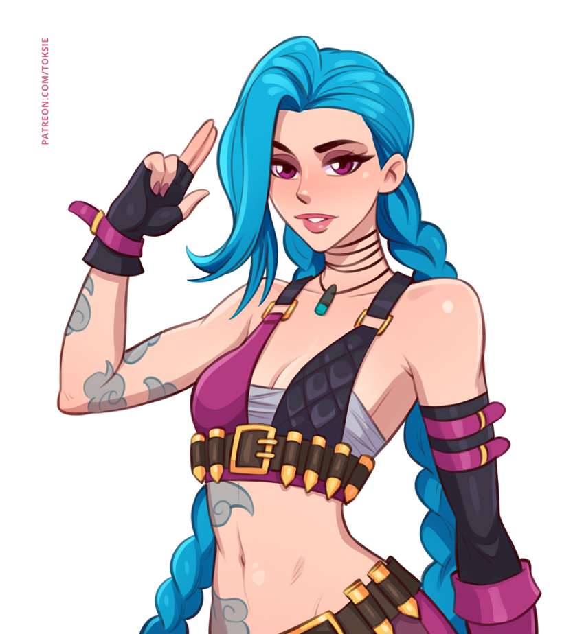 1girl arm_tattoo asymmetrical_bangs bare_shoulders blue_hair braid breasts bullet bullet_necklace cleavage cloud_tattoo finger_gun fingerless_gloves gloves highres jinx_(league_of_legends) league_of_legends long_hair looking_at_viewer patreon_username pink_eyes simple_background small_breasts smile solo stomach_tattoo tattoo toksie twin_braids twintails upper_body very_long_hair white_background