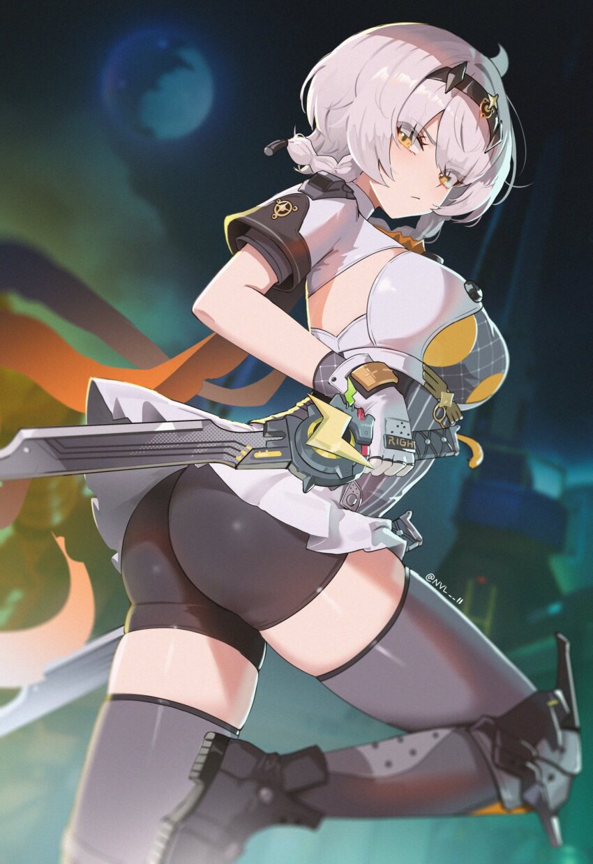 1girl anby_demara ass black_shorts blush boots braid breasts fingerless_gloves from_behind gloves grey_hair hairband large_breasts looking_at_viewer miniskirt nvl reverse_grip short_hair_with_long_locks short_shorts short_sword shorts shorts_under_skirt skirt solo sword thick_thighs thighhighs thighs twin_braids weapon zenless_zone_zero