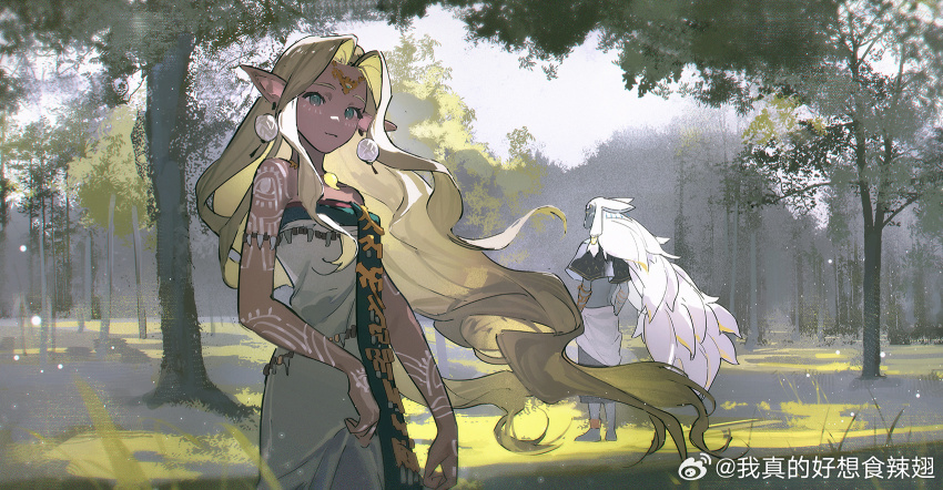 1boy 1girl absurdly_long_hair akihare animal_ears aqua_eyes arm_tattoo barefoot black_capelet blonde_hair capelet chinese_commentary circlet closed_mouth commentary_request cowboy_shot dark-skinned_female dark_skin day dress earrings eye_tattoo eyelashes floating_hair forest full_body furry furry_male gold_anklet grass grey_skirt highres jewelry light_particles light_smile long_hair looking_ahead marking_on_cheek messy_hair nature necklace nintendo outdoors pointy_ears rauru_(tears_of_the_kingdom) sarong secret_stone shade shoulder_tattoo skirt sky sonia_(zelda) sphere_earrings strapless strapless_dress tattoo the_legend_of_zelda the_legend_of_zelda:_tears_of_the_kingdom very_long_hair wavy_hair weibo_watermark white_dress white_hair white_sarong white_sky wind