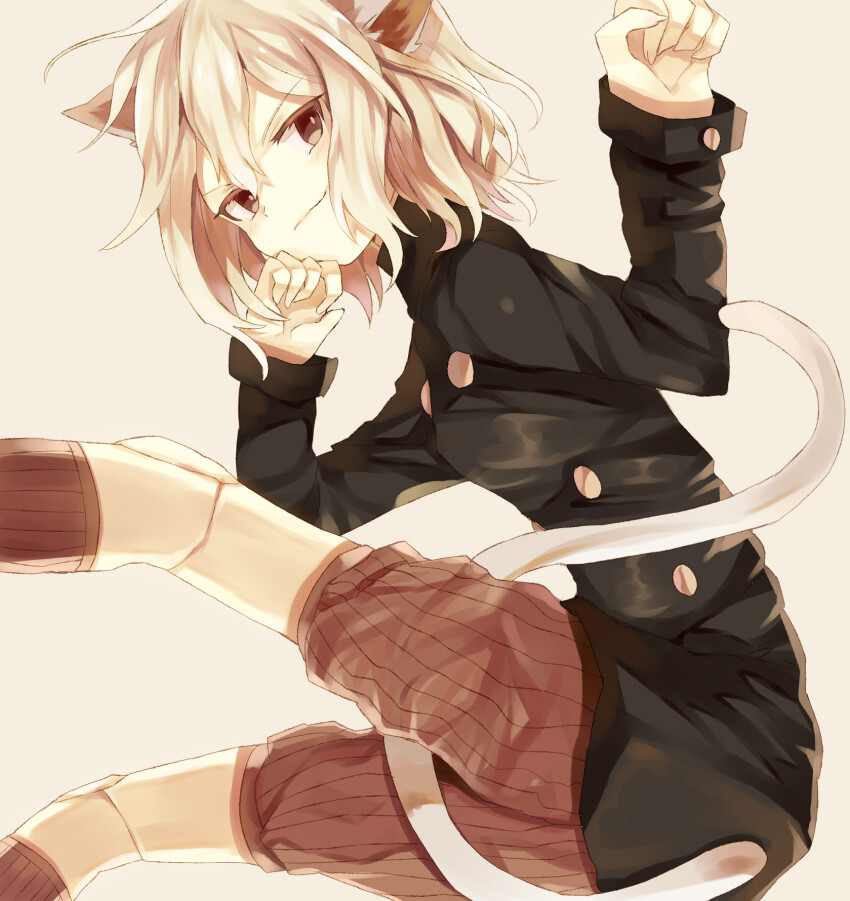 1other animal_ears black_shirt brown_eyes brown_shorts brown_socks cat_ears cat_tail closed_mouth doll_joints grey_background highres hunter_x_hunter joints kinakomotitaberu long_sleeves neferpitou paw_pose shirt short_hair shorts socks solo tail