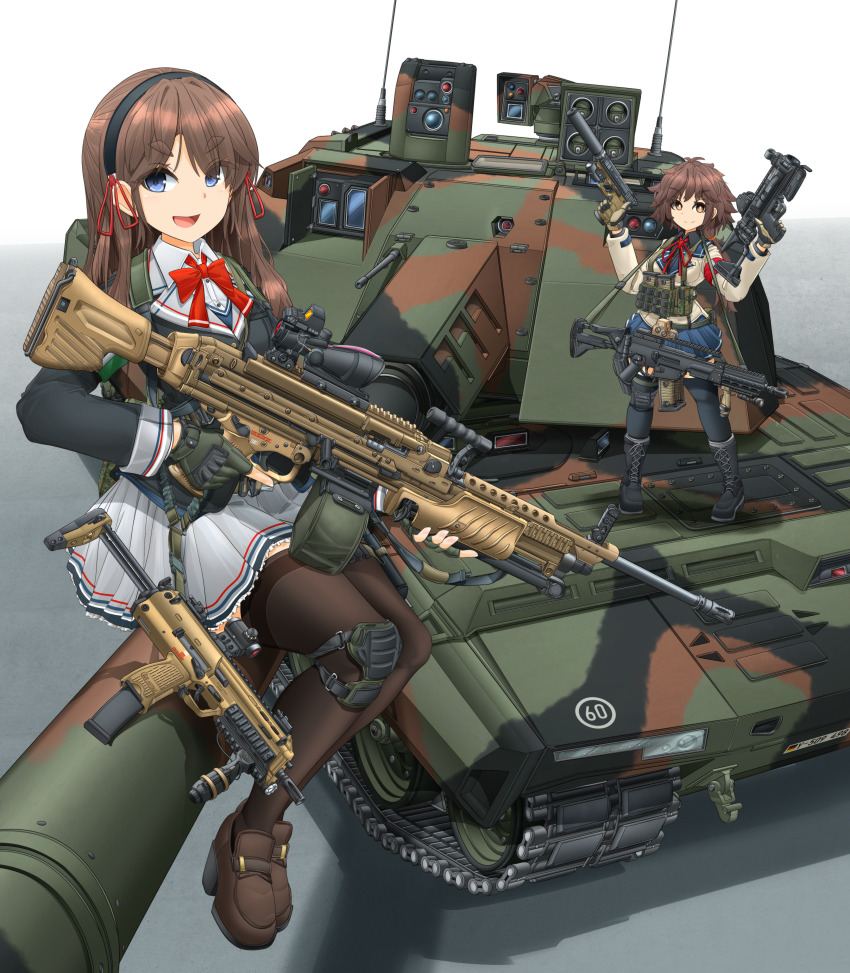 2girls absurdres ammunition_pouch armband assault_rifle asymmetrical_dual_wielding black_footwear black_hairband black_jacket black_shirt black_thighhighs blue_eyes blue_skirt boots bow bowtie breasts bright_pupils brown_eyes brown_footwear brown_hair brown_jacket caterpillar_tracks collared_shirt combat_boots commentary_request cross-laced_footwear dual_wielding fingerless_gloves gloves gradient_background green_gloves grey_skirt gun h&amp;k_mg4 hair_ribbon hairband handgun hands_up highres holding holding_gun holding_weapon jacket knee_pads lace-up_boots load_bearing_vest loafers long_hair long_sleeves looking_at_viewer low_ponytail machine_gun magazine_(weapon) medium_breasts mikeran_(mikelan) military_vehicle miniskirt motor_vehicle multiple_girls neck_ribbon no_humans open_mouth original panther_kf51 pleated_skirt pouch radio_antenna red_armband red_bow red_bowtie red_ribbon ribbon rifle school_uniform scope shadow shirt shoes short_eyebrows sitting skirt smile standing suppressor tank thick_eyebrows thighhighs trigger_discipline v-shaped_eyebrows vehicle_focus vertical_foregrip weapon weapon_request white_pupils white_shirt