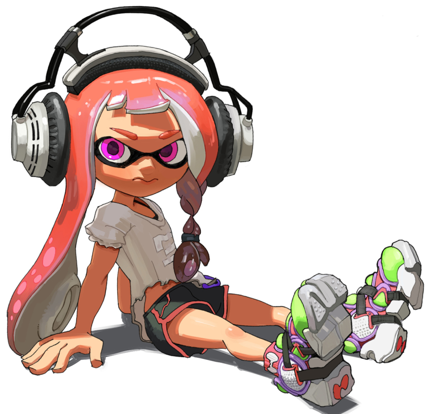 1girl arm_support asymmetrical_hair black_bra black_shorts blunt_bangs bra bra_peek closed_mouth female_focus flat_chest full_body hair_tie headphones inkling inkling_girl inkling_player_character leaning_back legs long_hair looking_at_viewer multicolored_footwear multicolored_hair nintendo pink_eyes pink_socks purple_hair red_hair red_trim shiny_skin shirt shoes short_shorts short_sleeves shorts simple_background sitting sneakers socks solo splatoon_(series) splatoon_3 tentacle_hair tentacles torn_clothes torn_shirt two-tone_hair underwear v-shaped_eyebrows white_background white_shirt yuta_agc