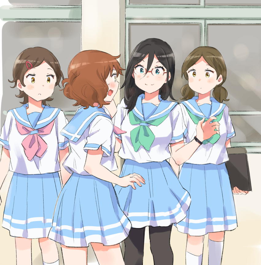 4girls amano_shin black_hair blue_eyes blush brown_hair commentary glasses green_neckerchief hair_ornament hairclip hibike!_euphonium highres katou_hazuki kitauji_high_school_uniform long_hair multiple_girls neckerchief ogasawara_haruka oumae_kumiko outstretched_arms pantyhose red_neckerchief school_uniform short_hair short_twintails smile socks summer_uniform sweatdrop tanaka_asuka twintails white_socks