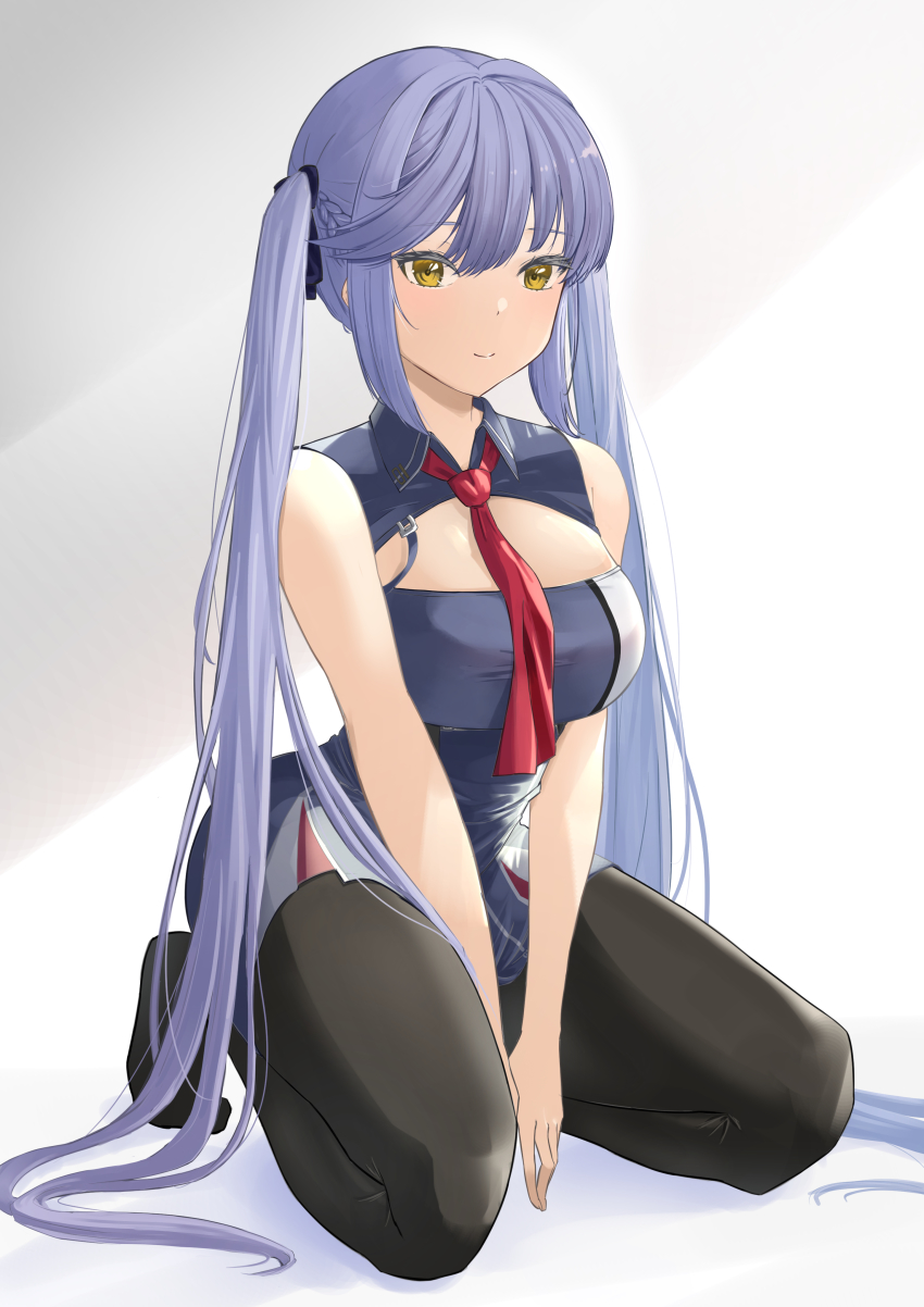 1girl absurdres azur_lane bare_shoulders between_legs black_pantyhose black_ribbon blue_dress blue_hair breasts brown_eyes cleavage collared_dress dress essex_(azur_lane) gradient_background halter_dress halterneck highres large_breasts long_hair looking_at_viewer necktie pantyhose red_necktie rhz4n9iod9qxqvs ribbon sitting sleeveless sleeveless_dress smile solo thighs twintails wariza white_background