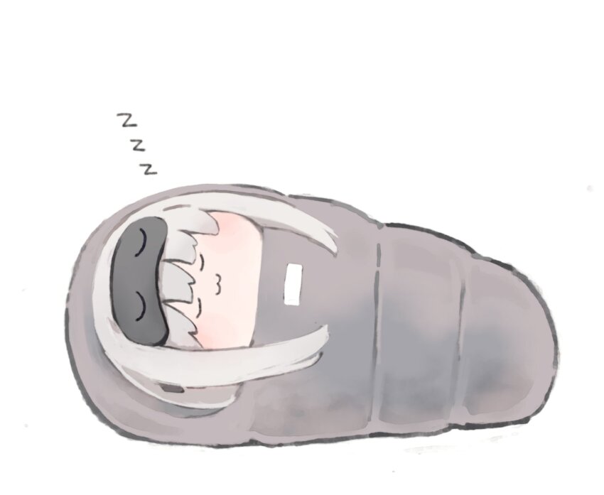 1girl :3 chibi frima_(nikke) goddess_of_victory:_nikke grey_hair highres kureudon long_hair mask mask_on_head mummy_bag sleep_mask sleeping sleeping_bag solo zzz