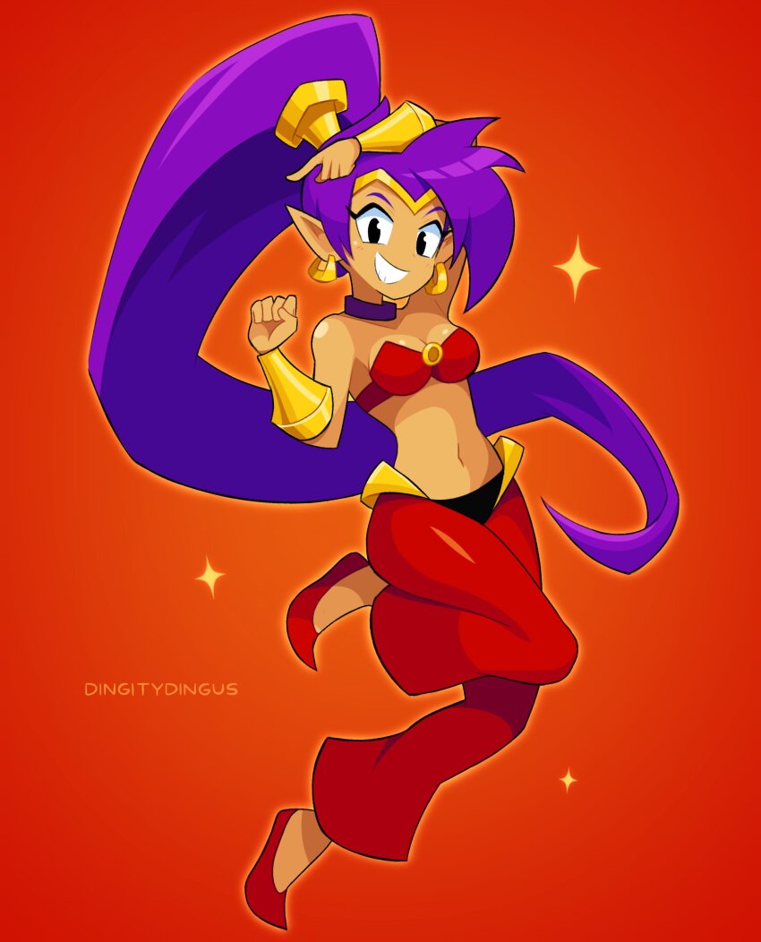 absurdres arms_up bracelet dark-skinned_female dark_skin earrings genie gold_bracelet gold_earrings highres jewelry looking_at_viewer midriff pants pointy_ears ponytail purple_hair red_footwear red_pants shantae shantae_(series) smile vinny_(dingitydingus)