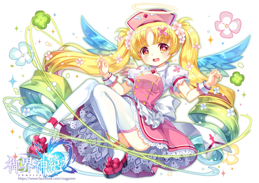 1girl bandages bandaid blonde_hair blue_hair blush capura_lin cleavage_cutout clothing_cutout complex_saga copyright_name crying drill_hair female_focus flower flower-shaped_pupils gradient_hair hair_flower hair_ornament halo hat high_heels long_hair looking_at_viewer multicolored_hair nurse nurse_cap official_art original puffy_sleeves simple_background solo strappy_heels symbol-shaped_pupils tears text_focus thighhighs twin_drills twintails very_long_hair white_background white_thighhighs wings wrist_cuffs yujie_shenji