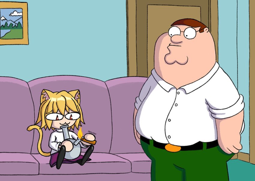 1boy 1girl :3 animal_ears black_pantyhose blonde_hair bong brown_hair cat_ears cat_girl cat_tail cleft_chin couch crack_cocaine crossover door family_guy fat fat_man fire glasses green_pants highres holding holding_bong holding_lighter indoors lighter living_room meowmei neco-arc on_couch pants pantyhose peter_griffin purple_skirt red_eyes round_eyewear shirt short_hair sitting skirt slit_pupils sweater tail tsukihime turtleneck turtleneck_sweater very_short_hair white_shirt white_sweater