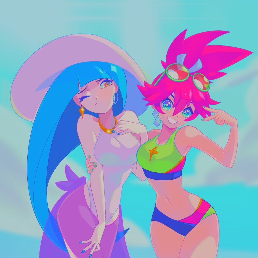 2girls absurdres ashleigh_hetrick bikini blue_eyes blue_hair blunt_bangs breasts copyright_request earrings hat highres hoop_earrings hug jewelry large_breasts long_hair looking_at_viewer medium_breasts medium_hair multicolored_bikini multicolored_clothes multiple_girls navel one-piece_swimsuit one_eye_closed pink_hair ponytail spiked_hair swimsuit v white_one-piece_swimsuit