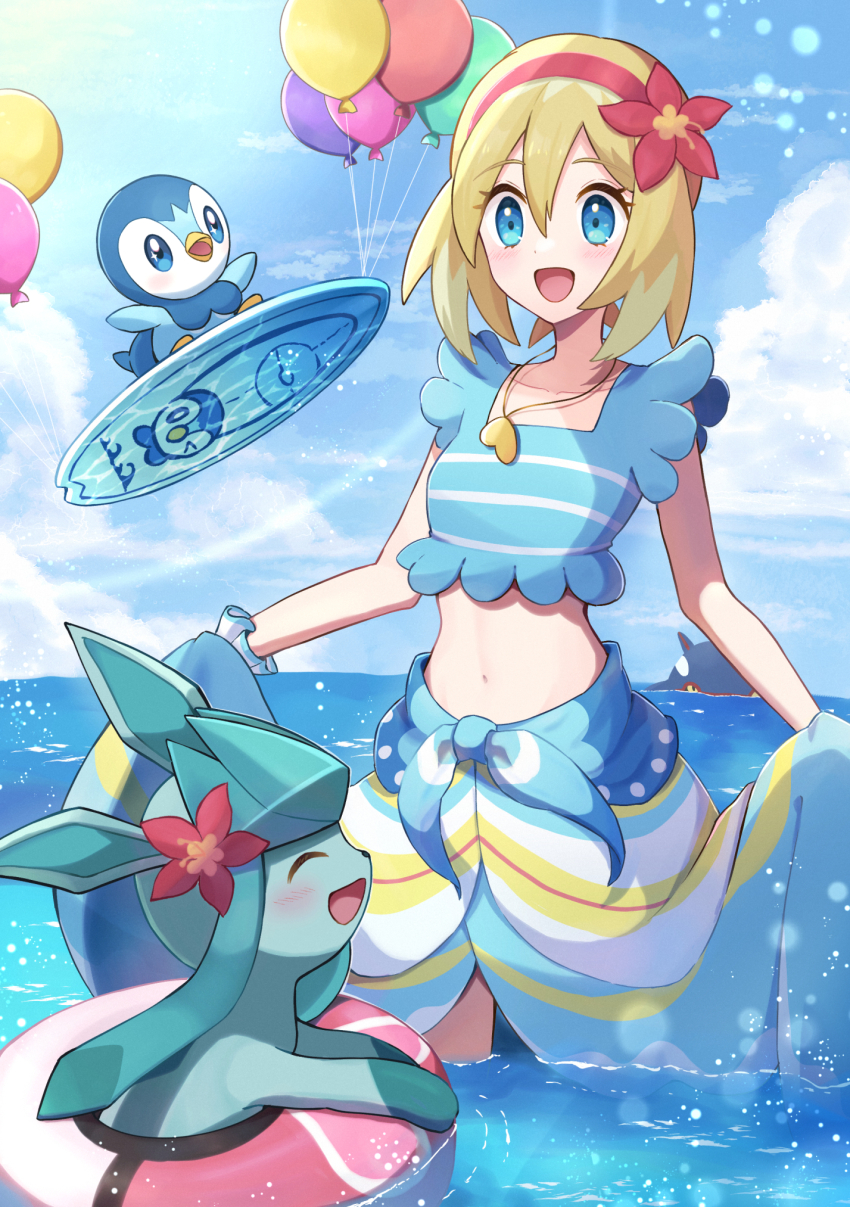 1girl balloon blonde_hair blue_eyes blue_sky cloud cloudy_sky cosplay creatures_(company) flower game_freak gen_3_pokemon gen_4_pokemon glaceon gloria_(pokemon) gloria_(pokemon)_(cosplay) gloria_(summer_2021)_(pokemon) haru_(haruxxe) highres irida_(pokemon) jewelry kyogre legendary_pokemon lifebuoy midriff navel necklace nintendo ocean official_alternate_costume open_mouth outdoors piplup pokemon pokemon_(creature) pokemon_legends:_arceus pokemon_masters_ex red_flower sky surfboard swim_ring water