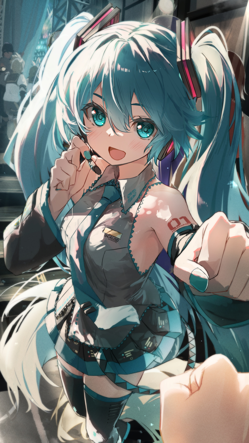 1boy 2girls :d absurdly_long_hair aqua_eyes aqua_hair aqua_nails aqua_necktie black_footwear black_skirt black_sleeves blush boots breasts collared_shirt commentary_request daidou_(demitasse) detached_sleeves fingernails fist_bump grey_shirt hair_between_eyes hair_ornament hatsune_miku headphones headset highres kagamine_len kagamine_rin long_fingernails long_hair looking_at_viewer medium_breasts microphone multiple_girls nail_polish necktie number_tattoo open_mouth pleated_skirt pov pov_hands shirt shoulder_tattoo skirt sleeveless sleeveless_shirt smile solo_focus stage standing tattoo thigh_boots tie_clip twintails very_long_hair vocaloid