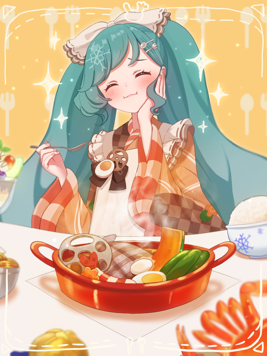 1girl apron blush bow bowl closed_eyes commentary_request crab eating food fork_hair_ornament hair_bow hair_ornament hand_on_own_cheek hand_on_own_face hardboiled_egg hatsune_miku highres holding holding_spoon hotpot ichigo_daifuku_(ichigo1923) japanese_clothes kappougi kimono long_hair rice_bowl sidelocks smile solo sparkle spoon spoon_hair_ornament twintails very_long_hair vocaloid white_apron white_bow wide_sleeves yuki_miku yuki_miku_(2024)