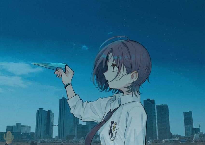 1girl artist_logo asakura_toru blouse blue_hair breast_pocket brown_hair building buttons cityscape cloud dress_shirt dusk earrings film_grain highres holding holding_paper holding_paper_airplane hoop_earrings idolmaster idolmaster_shiny_colors jewelry logo looking_away multicolored_hair nail_polish necktie open_mouth paayan_(hagakinorock54) paper paper_airplane pen pocket shirt shirt_pocket sky solo star_(sky) star_(symbol) white_shirt wristband