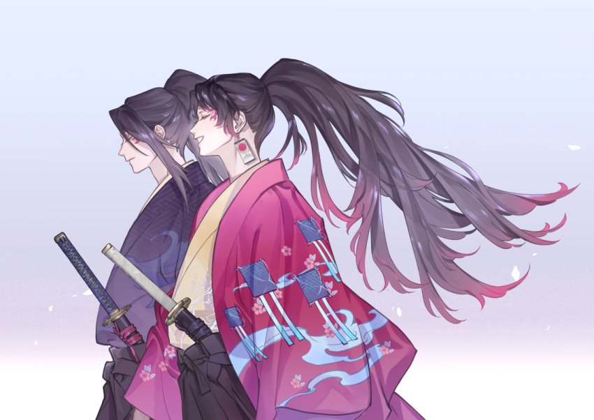 animal_ears black_hakama brothers closed_eyes closed_mouth colored_tips cow eyelashes facial_mark floating_hair floral_print from_side gradient_background hakama hanafuda haori happy inkerpape japanese_clothes katana kimetsu_no_yaiba kite long_hair male_focus multicolored_hair open_mouth petals ponytail profile ribbon siblings side-by-side smile streaked_hair sword tsugikuni_michikatsu tsugikuni_yoriichi very_long_hair wave_print weapon