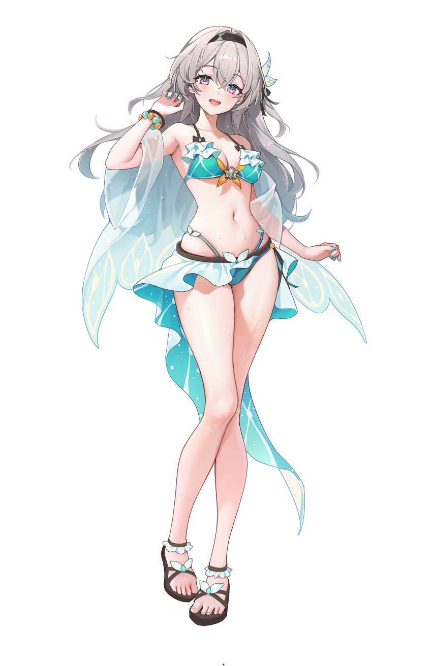 1girl alternate_costume aqua_bikini aqua_hair aqua_nails bare_shoulders bikini black_footwear black_hairband breasts cleavage firefly_(honkai:_star_rail) full_body gradient_hair grey_hair hair_between_eyes hair_ornament hairband hand_up highres honkai:_star_rail honkai_(series) long_hair looking_at_viewer multicolored_eyes multicolored_hair navel open_mouth sandals simple_background smile standing stomach swimsuit ttosom white_background