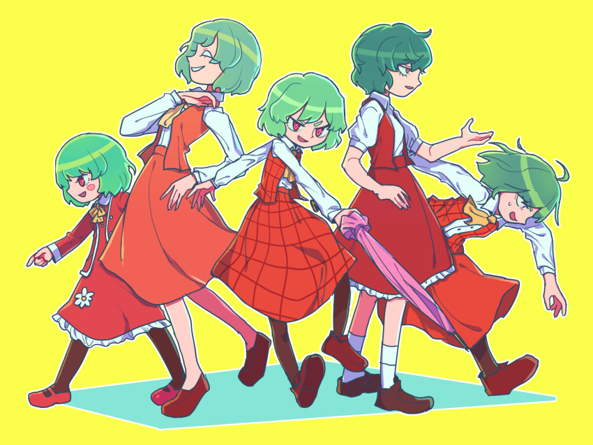 5girls @_@ akira_(cookie) ascot black_legwear brown_footwear collared_shirt commentary_request cookie_(touhou) dress frilled_skirt frills full_body green_hair highres hita_(hizokuseikogeki) kazami_yuuka long_skirt long_sleeves looking_afar looking_at_viewer macota_(cookie) multiple_girls no_pupils open_clothes open_mouth open_vest pantyhose parasol plaid_clothes plaid_skirt plaid_vest red_dress red_eyes red_skirt red_vest redqueen_(cookie) reitetsu_(cookie) shirt short_hair skirt skirt_set smile socks touhou umbrella vest wavy_hair white_legwear white_shirt yellow_ascot yellow_background