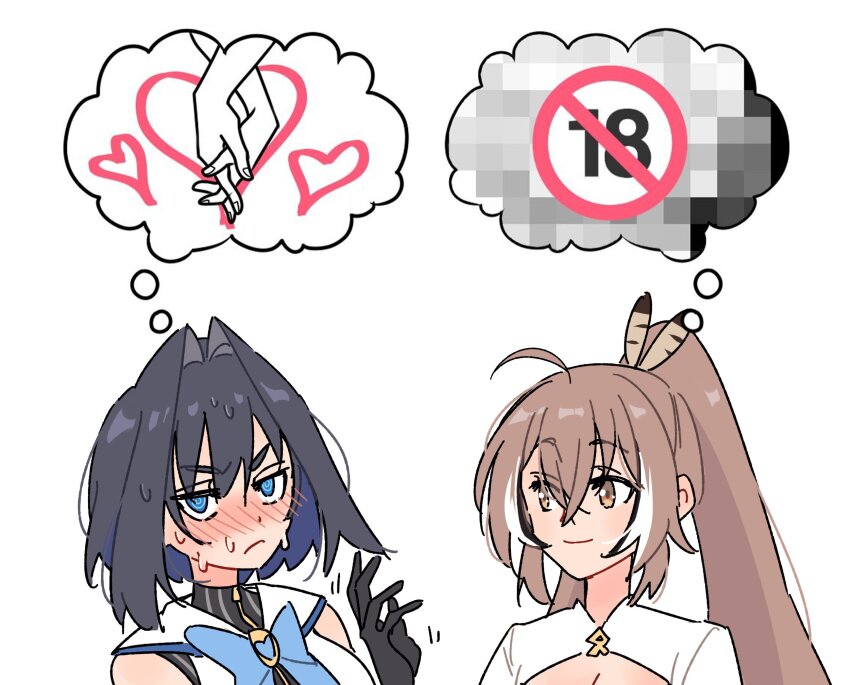 2girls anco_(platanity) another_ship_dynamic_i_enjoy_(meme) black_gloves black_hair blue_bow blue_bowtie blush bob_cut bow bowtie breasts brown_hair censored cleavage crossed_bangs flustered frown gloves hair_intakes hand_up high_ponytail highres holding_hands hololive hololive_english long_hair looking_at_another meme multicolored_hair multiple_girls nanashi_mumei ouro_kronii purple_hair shirt short_hair short_sleeves simple_background smile speech_bubble streaked_hair sweat thought_bubble turtleneck virtual_youtuber waving_hands white_background white_hair white_shirt yuri