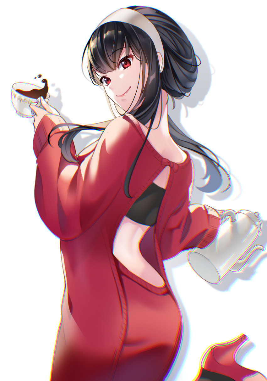 1girl absurdres bandeau black_hair coffee commentary_request cup dress hairband hand_up head_tilt high_heels highres holding holding_cup long_sleeves looking_at_viewer red_dress red_eyes red_footwear rei_(usabiba) short_hair_with_long_locks simple_background smile solo spy_x_family sweater sweater_dress teacup white_background white_hairband yor_briar