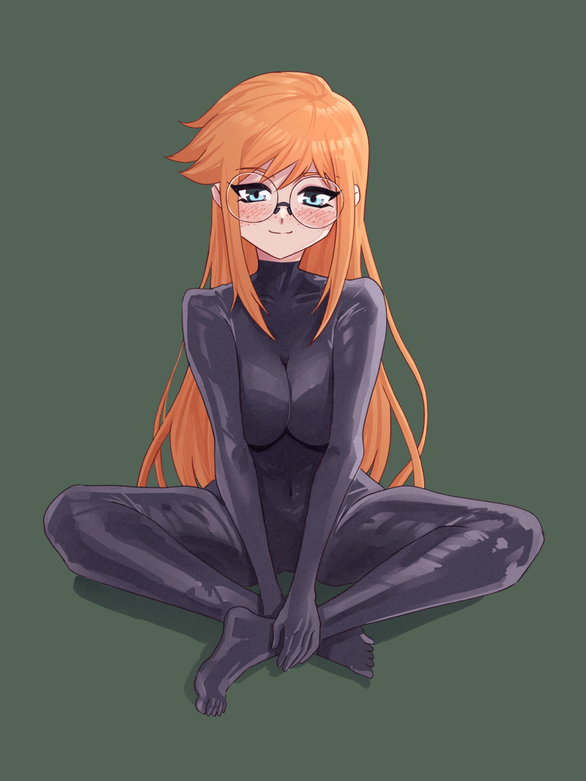 blushing_female bodysuit glasses ladderdrawing latex latex_bodysuit on_floor red_hair siri_jay tagme