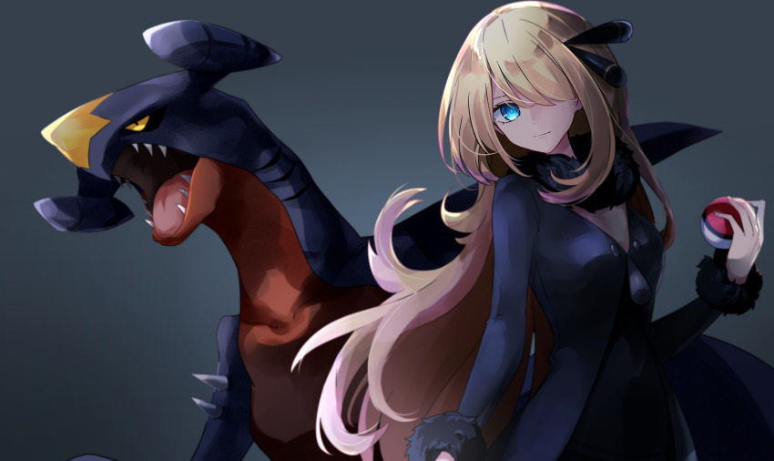 1girl a.a_(aa772) bad_id bad_pixiv_id black_jacket blonde_hair blue_eyes breasts closed_mouth commentary_request creatures_(company) cynthia_(pokemon) eyebrows_hidden_by_hair fur-trimmed_sleeves fur_collar fur_trim game_freak garchomp gen_4_pokemon grey_background hair_over_one_eye highres holding holding_poke_ball jacket long_hair long_sleeves looking_at_viewer nintendo poke_ball poke_ball_(basic) pokemon pokemon_(creature) pokemon_dppt sharp_teeth simple_background small_breasts teeth very_long_hair