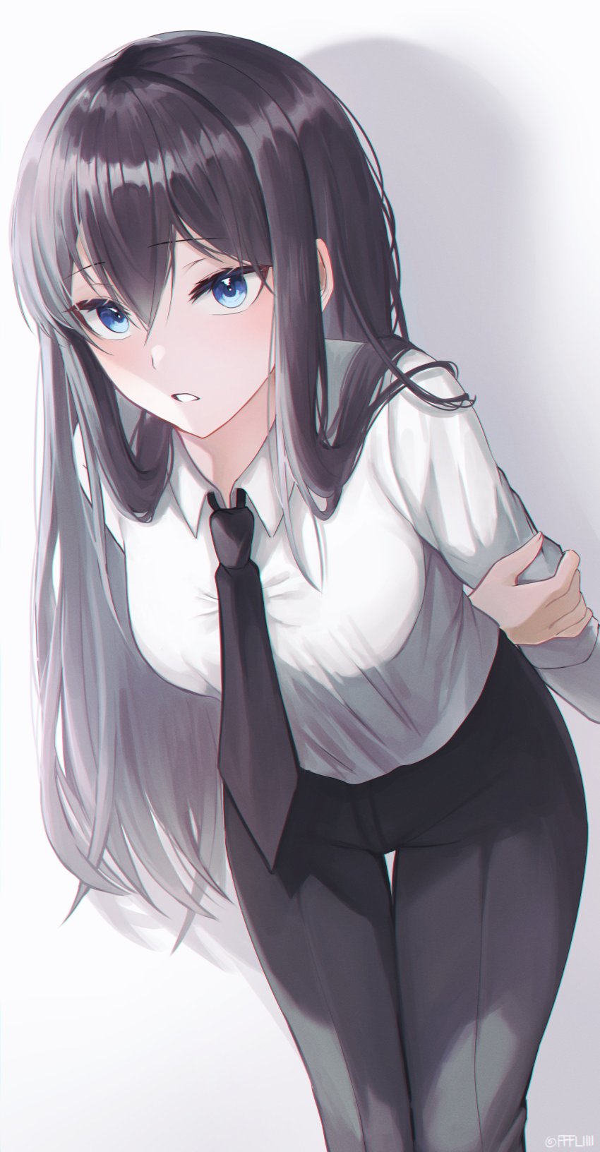 1girl absurdres arm_behind_back bad_id bad_twitter_id black_necktie black_pants blue_eyes breasts collared_shirt commentary feet_out_of_frame ffflilil grey_hair hair_between_eyes hand_on_own_arm highres leaning_forward legs_together light_blush long_hair long_sleeves looking_at_viewer medium_breasts necktie original pants purple_hair shadow shirt shirt_tucked_in solo standing straight_hair symbol-only_commentary teeth thigh_gap twitter_username typo very_long_hair white_background white_shirt