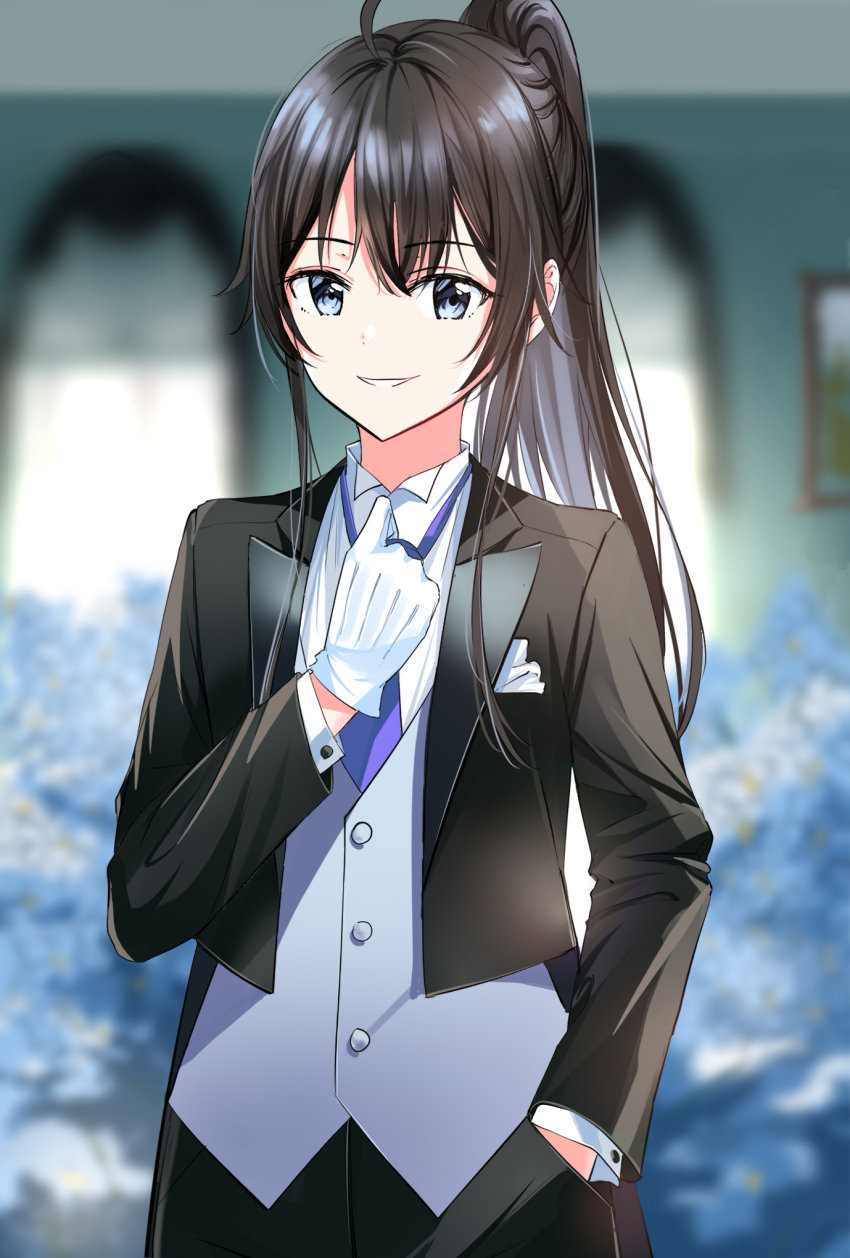 1girl ahoge black_hair black_jacket black_pants blue_eyes blue_necktie blurry blurry_background clothes_grab collared_shirt flower formal_clothes gloves grey_vest hand_in_pocket high_ponytail highres indoors jacket long_hair looking_at_viewer necktie necktie_grab neckwear_grab nonbire pants pocket_square ponytail shirt sidelocks smile suit vest white_gloves window yahari_ore_no_seishun_lovecome_wa_machigatteiru. yukinoshita_yukino