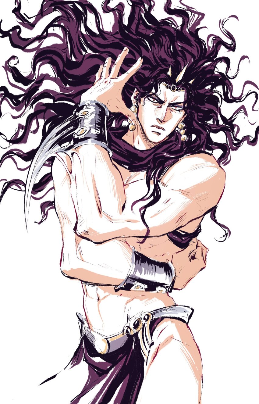 1boy absurdres battle_tendency bracer closed_mouth cowboy_shot donlemefo earrings highres jewelry jojo_no_kimyou_na_bouken kars_(jojo) loincloth long_hair male_focus messy_hair purple_hair simple_background solo topless_male very_long_hair white_background