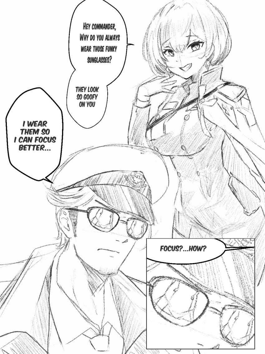 1boy 1girl breasts cape english_text glasses gloevs goddess_of_victory:_nikke greyscale grin hat highres jacket liliweiss_(nikke) medium_breasts mikkotine military_hat military_uniform monochrome reflection short_hair smile the_legendary_commander_(nikke)