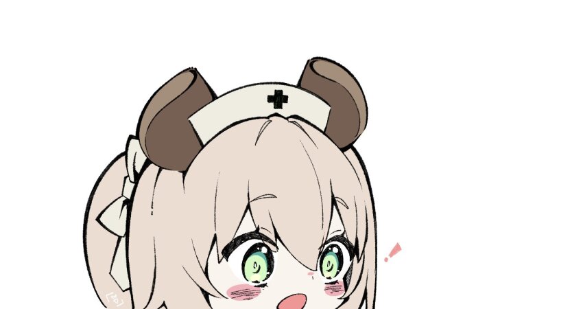 ! 1girl :o animal_ears blush_stickers brown_hair green_eyes hat indie_virtual_youtuber mpmrpjb nimi_nightmare nurse_cap side_ponytail white_background