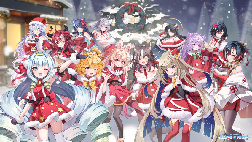 6+girls absurdres amanogawa_shiina animal_ears arm_garter armpit_crease artist_request ayase_yuu bear_ears bear_girl bell black_gloves black_hair blonde_hair blue_eyes blue_hair boots bow bowtie box breasts building capelet chisaka_airi christmas_tree christmas_wreath cleavage collar cow_ears cow_girl cow_horns detached_collar detached_sleeves dragon_girl dragon_horns dress eimi_isami ember_amane erina_makina fujikura_uruka fur-trimmed_boots fur-trimmed_capelet fur-trimmed_dress fur-trimmed_gloves fur_trim gift gift_box gloves gradient_hair green_hair grey_hair hair_bow hair_ornament hair_over_one_eye hairband halo hamster_ears hamster_girl hat heart heterochromia highres holding holding_gift horns jacket jelly_hoshiumi kannagi_loki logo mini_hat mini_santa_hat multicolored_hair multiple_girls muu_muyu neck_bell necktie official_art one_eye_closed open_clothes open_jacket orange_hair pantyhose phase_connect pink_eyes pink_hair pipkin_pippa pom_pom_(clothes) purple_hair rabbit_ears rabbit_girl red_bow red_capelet red_eyes red_footwear red_gloves red_hair red_hat red_necktie red_sleeves red_thighhighs santa_dress santa_hat saya_sairroxs see-through_cleavage see-through_clothes shisui_michiru_(phase_connect) short_necktie smile snow snowing star_(symbol) star_in_eye streaked_hair symbol_in_eye thighhighs tiger_ears tiger_girl tree virtual_youtuber white_collar white_hair white_jacket wolf_ears wolf_girl wreath yellow_bow yellow_bowtie yellow_eyes yellow_hairband