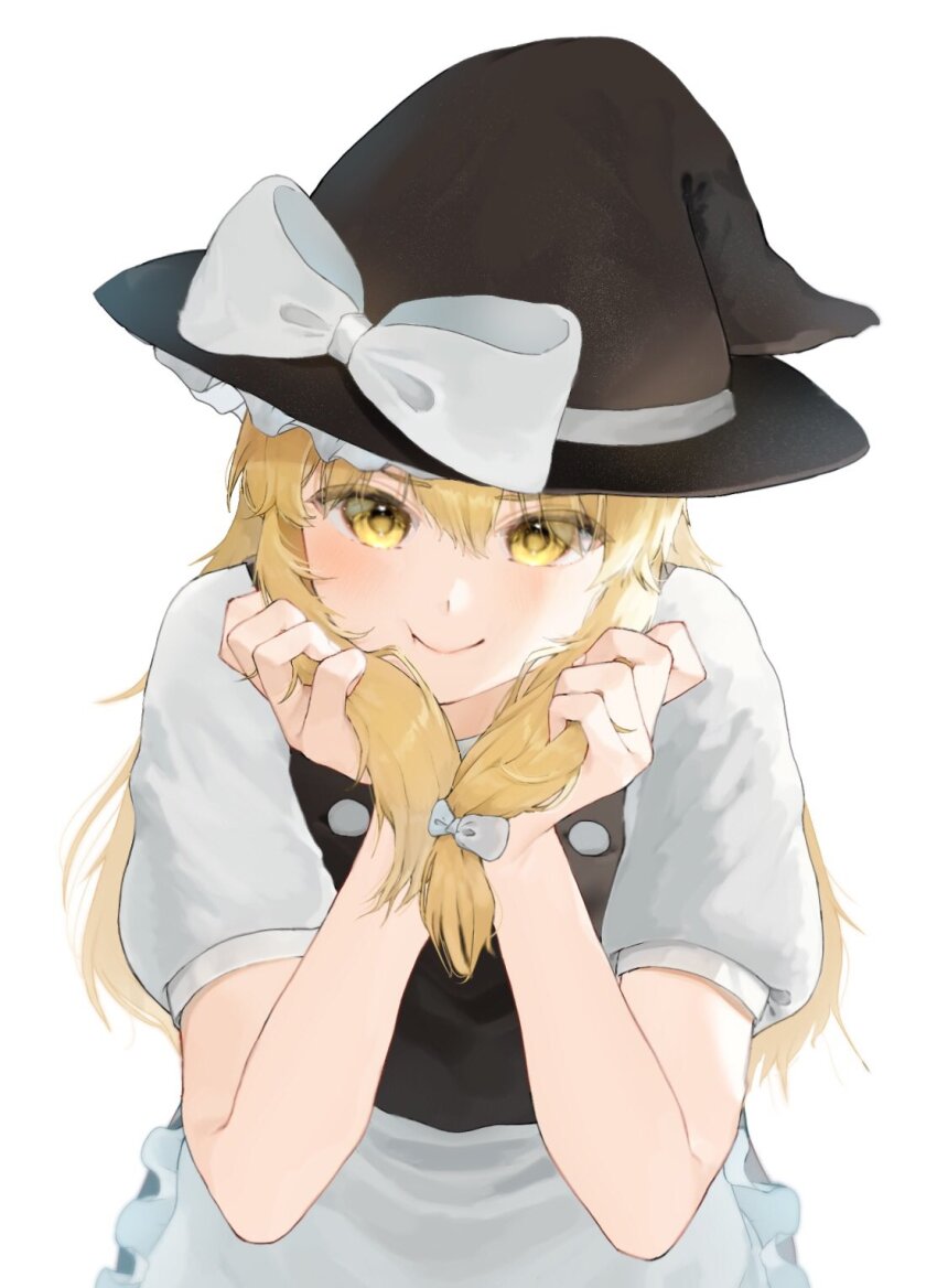 1girl black_hat blonde_hair bow hat highres kirisame_marisa light_blush looking_at_viewer nuu_c9n solo touhou white_background white_bow witch_hat yellow_eyes