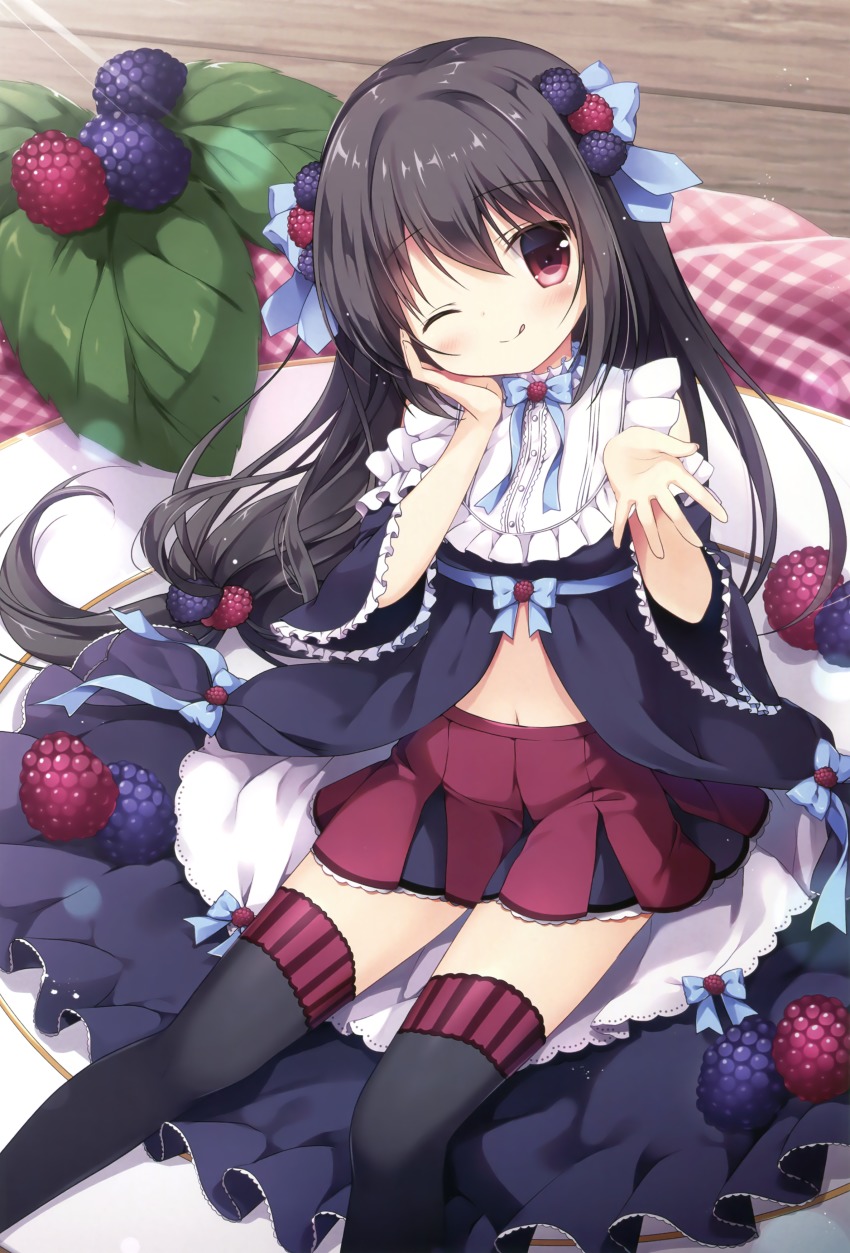 1girl :q absurdres black_dress black_hair black_thighhighs blackberry_(fruit) blackberry_hair_ornament blue_bow blueberry_hair_ornament blush bow closed_mouth dress fingernails food-themed_hair_ornament frilled_sleeves frills hair_between_eyes hair_bow hair_ornament hand_on_own_cheek hand_on_own_face hands_up head_tilt highres long_hair long_sleeves looking_at_viewer melonbooks mini_person minigirl miniskirt miyasaka_miyu navel pleated_skirt raspberry_hair_ornament red_eyes red_skirt saucer scan sitting skirt smile solo thighhighs tongue tongue_out very_long_hair wide_sleeves