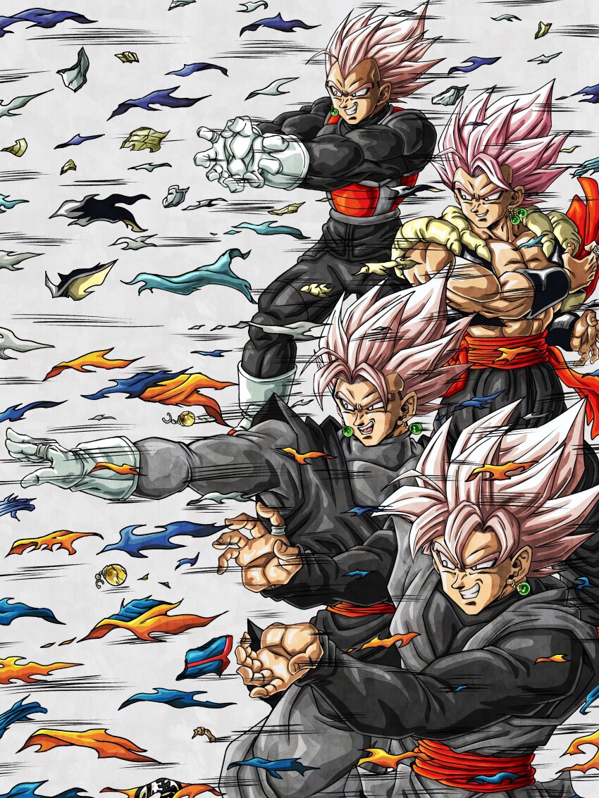 4boys absurdres armor black_bodysuit black_tunic black_vest bodysuit closed_mouth commentary_request dougi dragon_ball dragon_ball_super earrings final_flash fur_(clothing) gloves gogeta goku_black grey_background grey_eyes grey_pants grey_shirt grin group_picture highres hiro_(udkod1ezlyi2flo) jewelry kamehameha_(dragon_ball) male_focus medium_hair metamoran_vest multiple_boys muscular muscular_male no_shirt open_clothes open_vest pants pink_hair potara_earrings red_sash ring saiyan_armor sash shirt single_earring smile son_goku speed_lines spiked_hair super_saiyan super_saiyan_rose teeth torn_clothes tunic vegeta vegetto vest white_armor white_gloves white_pants