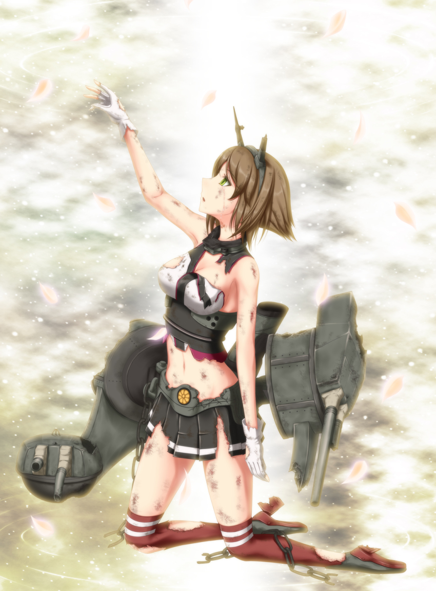 10s 1girl bare_shoulders blood breasts brown_hair bruise chain cleavage damaged female_focus gloves green_eyes hairband highres injury k2-atelier kantai_collection kneeling light_particles machinery midriff mutsu_(kancolle) navel outstretched_arm parted_bangs petals pleated_skirt reaching red_thighhighs ripples ship_turret shirt short_hair skirt sleeveless sleeveless_shirt solo tears thighhighs torn_clothes white_gloves