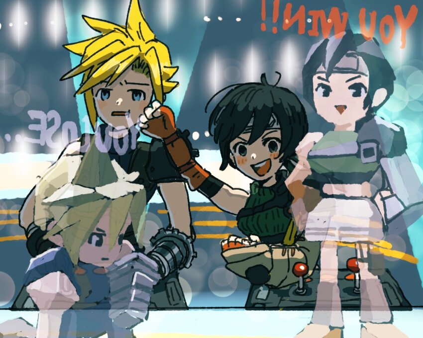 1boy 1girl armor black_hair blonde_hair blue_eyes blue_shirt blush breasts chest_strap clenched_hands cloud_strife crop_top final_fantasy final_fantasy_vii final_fantasy_vii_rebirth final_fantasy_vii_remake fingerless_gloves furrowed_brow gloves green_shirt grey_footwear hand_up headband low_poly medium_breasts open_mouth orange_gloves shirt short_hair shoulder_armor single_bare_shoulder single_shoulder_pad smile soraoyogusakana spiked_hair video_game yuffie_kisaragi