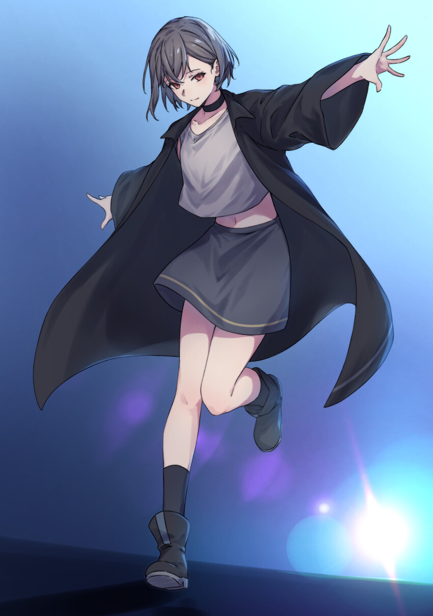 1girl bang_dream! bang_dream!_it&#039;s_mygo!!!!! black_choker black_coat black_footwear black_skirt black_socks brown_eyes choker closed_mouth coat collarbone crop_top cropped_shirt full_body grey_hair grey_shirt highres kanade_(kanade_3344) long_sleeves midriff open_clothes open_coat second-party_source shirt short_hair skirt socks solo takamatsu_tomori