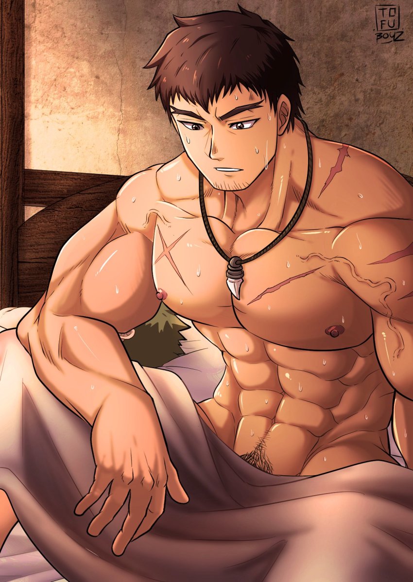 1boy 2boys abs artist_name bara black_hair character_request dark-skinned_male dark_skin dota:_dragon&#039;s_blood dota_(series) dota_2 dragon_knight_(dota) facial_hair forked_eyebrows goatee highres large_pectorals male_focus male_pubic_hair mature_male multiple_boys muscular muscular_male navel navel_hair nipples on_bed pectorals pubic_hair pubic_hair_peek scar scar_on_chest short_hair sleeping solo stomach stubble sweat thick_thighs thighs tofuboyz veins