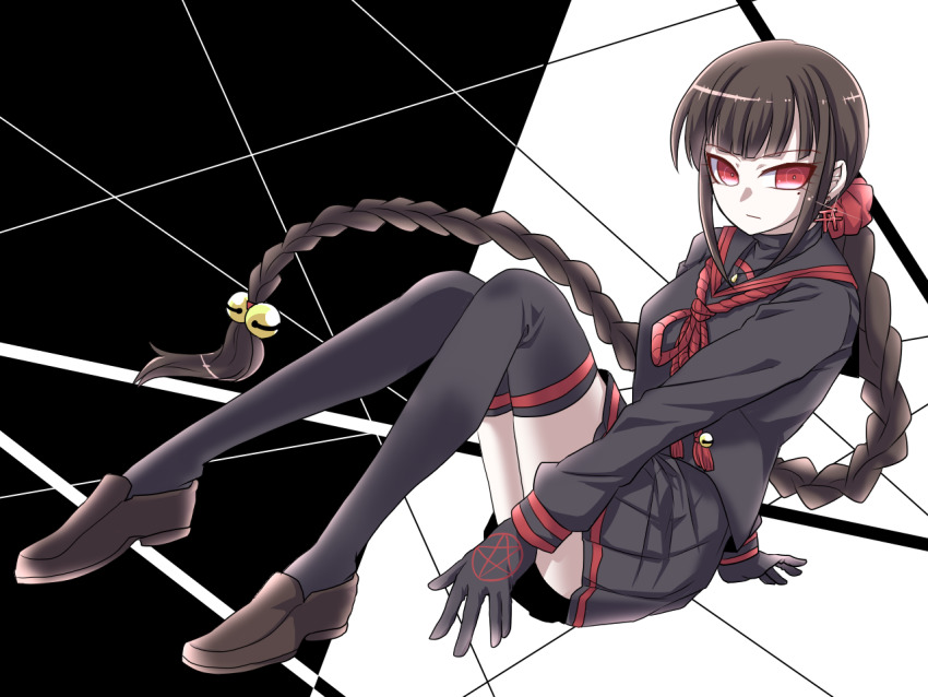 1girl alternate_costume bell black_background black_gloves black_hair black_sailor_collar black_serafuku black_shirt black_skirt black_thighhighs braid braided_ponytail brown_footwear chikujouin_magane chikujouin_magane_(cosplay) cosplay danganronpa_(series) danganronpa_v3:_killing_harmony earrings floating_hair full_body gloves hair_bell hair_ornament hair_scrunchie harukawa_maki jewelry loafers long_hair long_sleeves looking_at_viewer miniskirt mole mole_under_eye pleated_skirt re:creators red_eyes red_scrunchie sailor_collar school_uniform scrunchie serafuku shirt shoes single_braid skirt solo thighhighs torii_earrings two-tone_background very_long_hair white_background zettai_ryouiki zi_huahuo