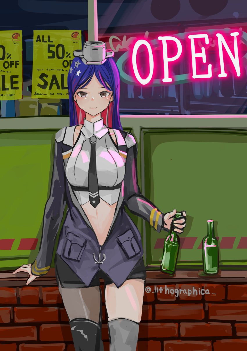 1girl absurdres asymmetrical_legwear black_necktie black_skirt black_thighhighs blue_hair bottle breasts brick_wall brown_eyes headgear highres holding holding_bottle jacket kantai_collection lithographica long_hair long_sleeves multicolored_hair necktie neon_lights one-hour_drawing_challenge red_hair sale single_leg_pantyhose single_thighhigh skirt smile solo south_dakota_(kancolle) star_(symbol) thighhighs twitter_username uneven_legwear white_hair