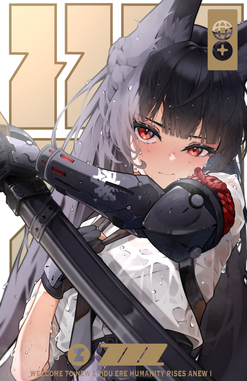 1girl absurdres animal_ears black_hair black_necktie blunt_bangs blush closed_mouth fox_ears fox_girl hanahashi_bagara highres holding holding_sword holding_weapon hoshimi_miyabi long_hair looking_at_viewer necktie prosthesis prosthetic_arm red_eyes sidelocks sword upper_body weapon wet white_hair zenless_zone_zero