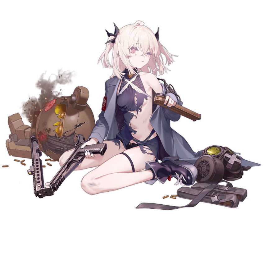 1girl ammunition armor-piercing_ammunition black_nails black_panties bow bow_panties breasts bullet bullet_casing closed_mouth dress fn_5.7x28mm full_body gas_mask girls&#039;_frontline gun handgun handgun_cartridge high-capacity_magazine highres horizontal_magazine kel-tec_p50 magazine_(weapon) mask navel official_art one_eye_closed p50_(girls&#039;_frontline) panties pdw-caliber_pistol pdw_cartridge pink_eyes pistol pistol_cartridge purple_dress robot single_bare_shoulder sitting small_breasts solo straitjacket stuffed_animal stuffed_toy teddy_bear thigh_strap torn_clothes translucent translucent_magazine transparent_background two_side_up underwear wariza weapon white_hair yitiao_er-hua