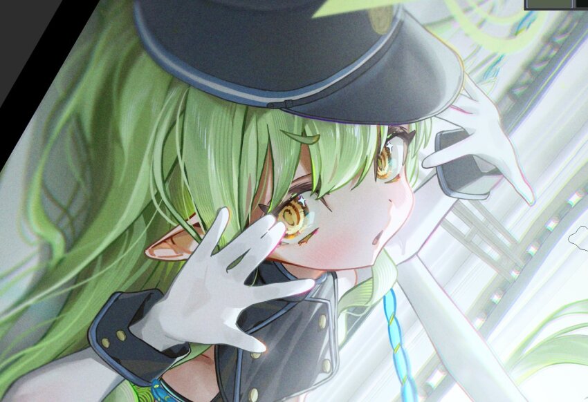 1girl aakin5349 blue_archive breasts crop_top gloves green_hair halo hat hikari_(blue_archive) long_hair looking_at_viewer open_mouth peaked_cap pointy_ears small_breasts solo yellow_eyes