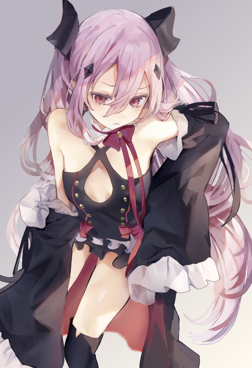 1girl absurdres bad_id bad_twitter_id bare_shoulders black_dress black_thighhighs boots bow bowtie breasts closed_mouth detached_sleeves dress frown glaring grey_background highres jima krul_tepes long_hair looking_at_viewer owari_no_seraph pink_hair purple_hair red_eyes ribbon small_breasts solo thigh_boots thighhighs two_side_up vampire very_long_hair