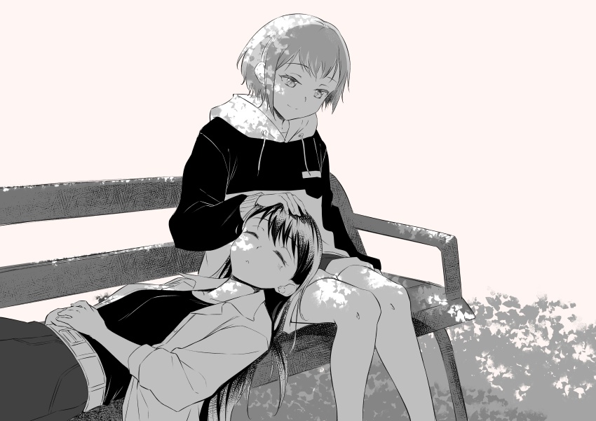 2girls absurdres bang_dream! bang_dream!_it&#039;s_mygo!!!!! belt bench blush closed_eyes collared_shirt commentary drawstring greyscale highres hood hoodie lap_pillow long_hair long_sleeves looking_at_another mole mole_under_eye monochrome multiple_girls open_clothes open_shirt outdoors park_bench parted_lips raito_taisha shiina_taki shirt short_hair shorts sitting skirt smile takamatsu_tomori yuri