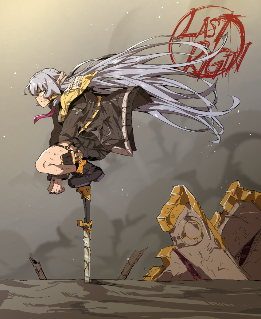 1girl absurdres boots grey_hair highres injury jacket last_origin long_hair miniskirt parted_lips scratches skirt solo squatting standing_on_sword takoongyi thigh_strap tiamat_(last_origin)