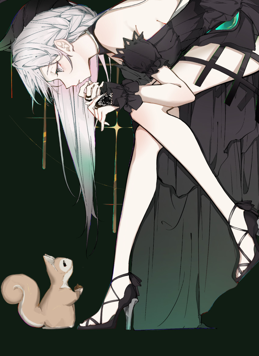 1girl bare_legs bare_shoulders black_background braid grey_eyes grey_hair highres kylin_47 liv:_empyrea_(dreamcatcher)_(pgr) liv:_empyrea_(pgr) liv_(pgr) long_hair punishing:_gray_raven squirrel