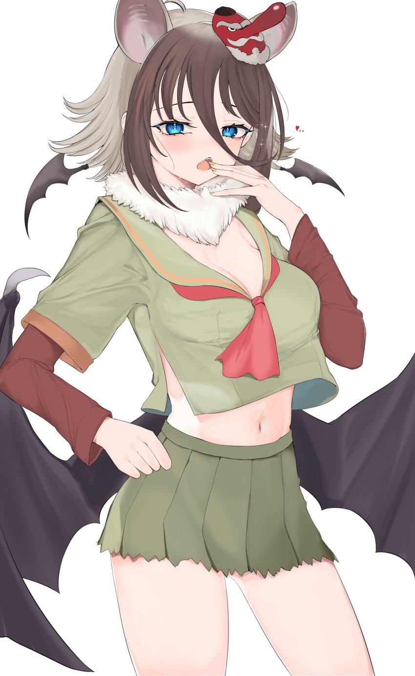 1girl :o absurdres animal_ears bat_ears bat_girl bat_wings blonde_hair blue_eyes blush breasts brown_hair cleavage dnsdltkfkd eyebrows fang fur_collar green_serafuku green_skirt hair_between_eyes hair_ornament hand_to_own_mouth heart highres hilgendorf&#039;s_tube-nose_bat_(kemono_friends) kemono_friends layered_sleeves long_sleeves looking_at_viewer mask mask_on_head medium_hair multicolored_hair open_mouth red_neckwear school_uniform serafuku short_hair short_over_long_sleeves short_sleeves skirt solo tengu_mask thighs two-tone_hair wings