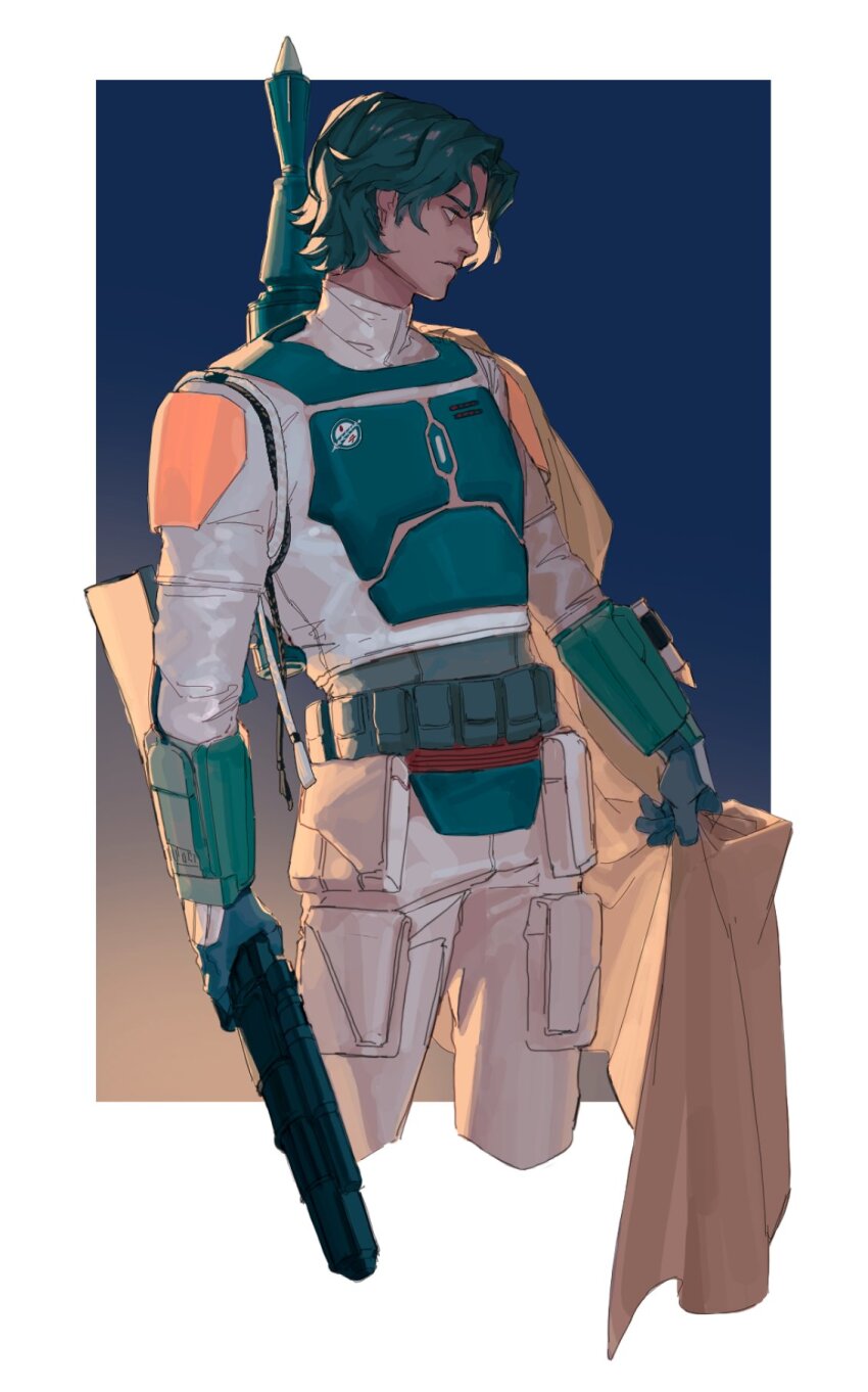 1boy armor black_hair blue_background boba_fett border breastplate brown_eyes cape gradient_background highres jacket jetpack looking_to_the_side noooo_8277 outside_border pants short_hair solo star_wars white_border white_jacket white_pants yellow_cape