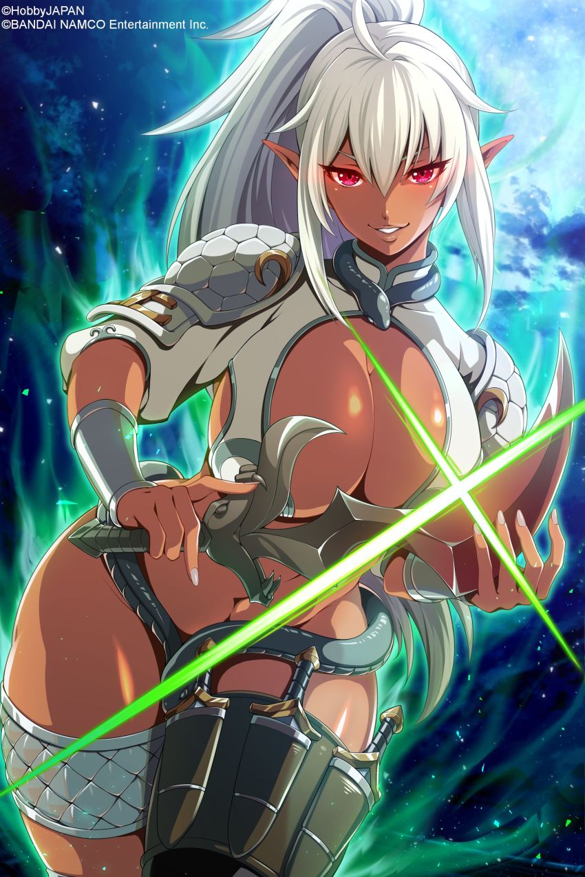 1girl absurdres ahoge armor artist_request breasts cleavage company_connection contrapposto dagger dark-skinned_female dark_elf dark_skin echidna_(queen&#039;s_blade) echidna_(queen&#039;s_blade_unlimited) elf glint glowing greaves highres holding holding_sword holding_weapon holster huge_breasts knife looking_at_viewer navel no_panties official_art outdoors pointy_ears ponytail queen&#039;s_blade queen&#039;s_blade_unlimited queen&#039;s_blade_white_triangle red_eyes revealing_clothes sidelocks silver_hair silver_nails simple_background smile snake solo sword thigh_holster thighs vambraces weapon